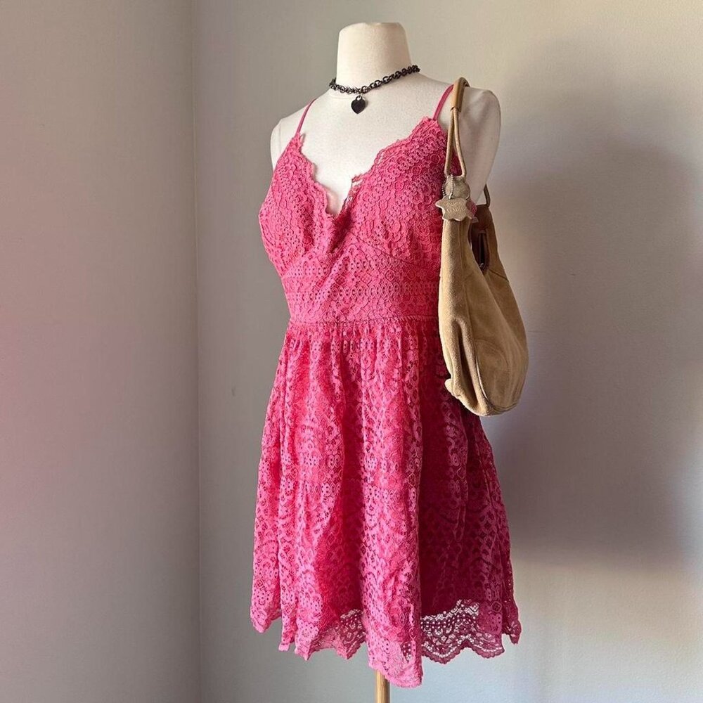 Pink lace A-line mini dress with adjustable straps